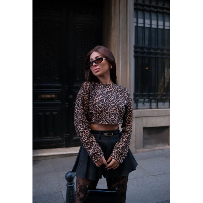 Leopar desenli Uzun Kollu Crop - Leopar