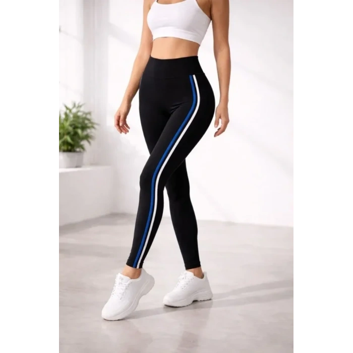 Likralı Yan Beyaz Mavi Şeritli Detaylı Tayt - Siyah