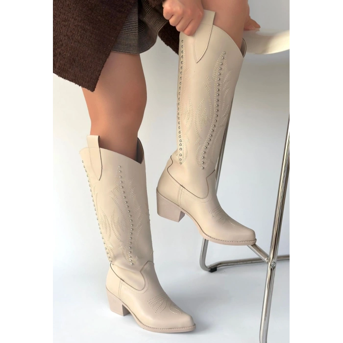 Meof Bej Cilt Topuklu Çizme