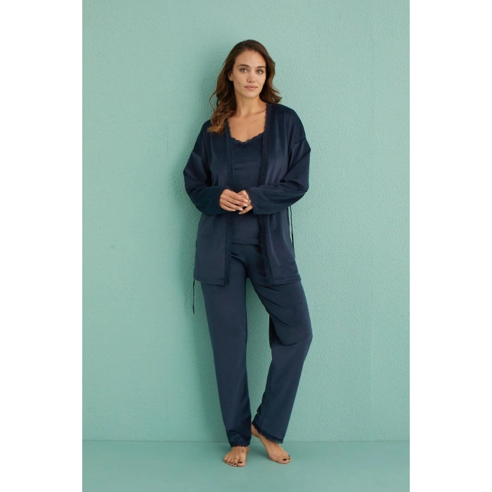Mihra 13402 Kadın Kadife 3Lü Pijama Takımı