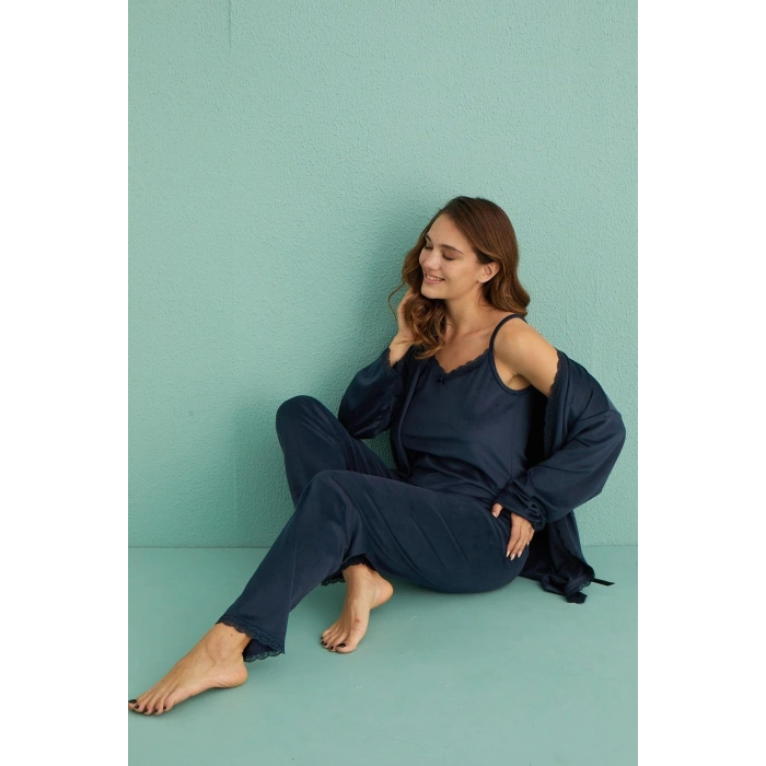 Mihra 13402 Kadın Kadife 3Lü Pijama Takımı
