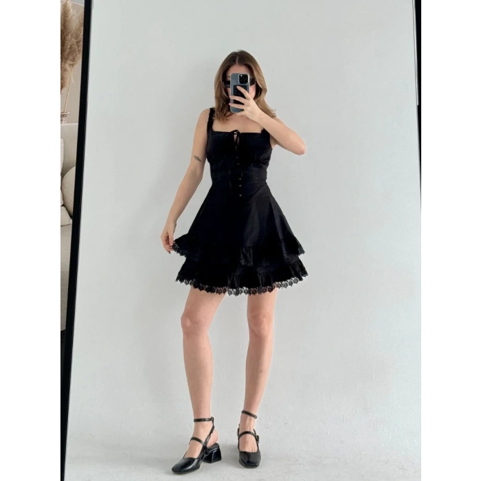 Mini Askılı Elbise - Siyah