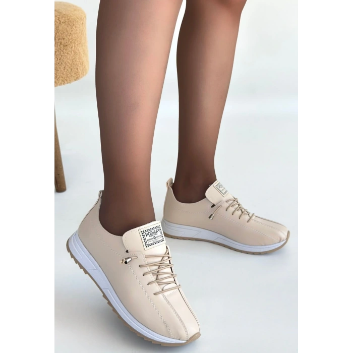 Monya Bej Cilt Bağcıklı Spor Ayakkabı