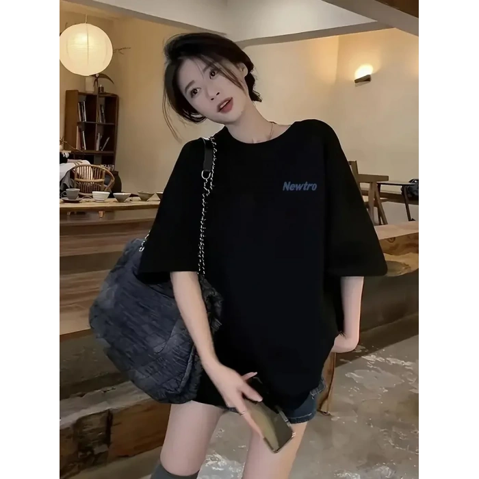 Newtro Baskılı Oversize Bisiklet Yaka T-shirt - Siyah