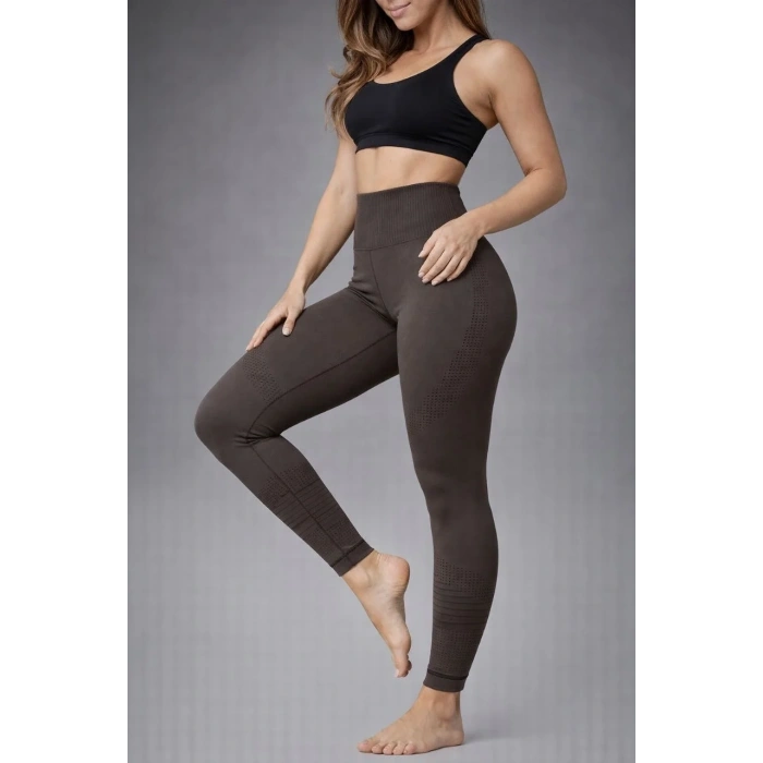 Nonofit Kadın Yüksek Bel Full Extra Toparlayıcı Likralı Ön Arka ve Bilek Desenli Tayt - Kahverengi