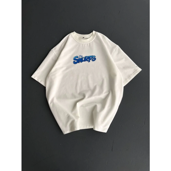 Ön ve Arka Baskılı Oversize Bisiklet Yaka T-shirt- Beyaz