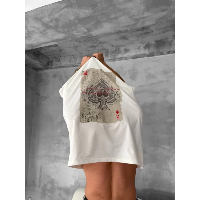 Ön ve Arka Baskılı Oversize Bisiklet Yaka T-shirt - Beyaz