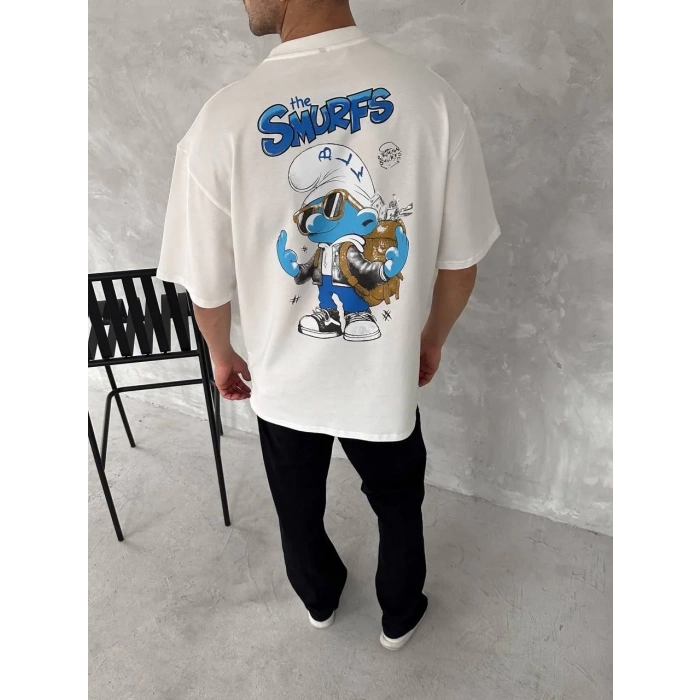 Ön ve Arka Baskılı Oversize Bisiklet Yaka T-shirt- Beyaz