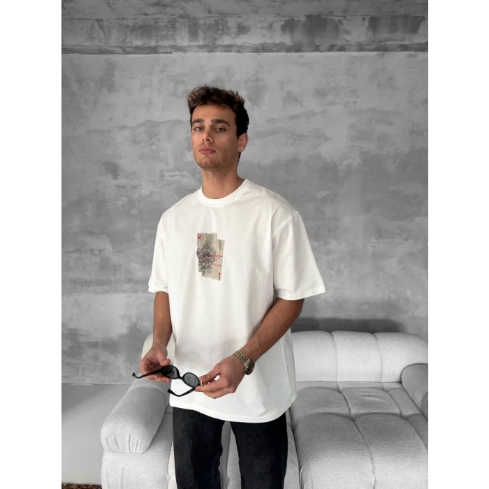 Ön ve Arka Baskılı Oversize Bisiklet Yaka T-shirt - Beyaz