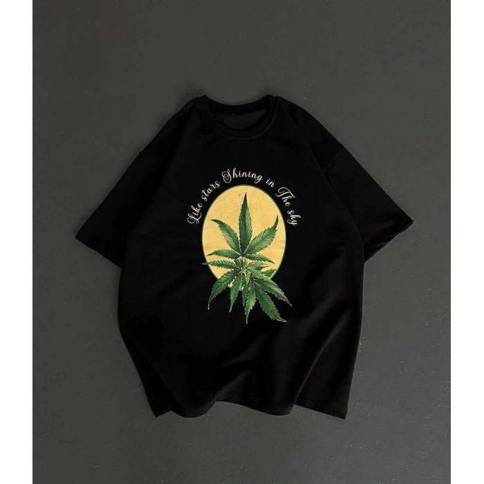 Ön ve Arka Baskılı Oversize Bisiklet Yaka T-shirt- Siyah