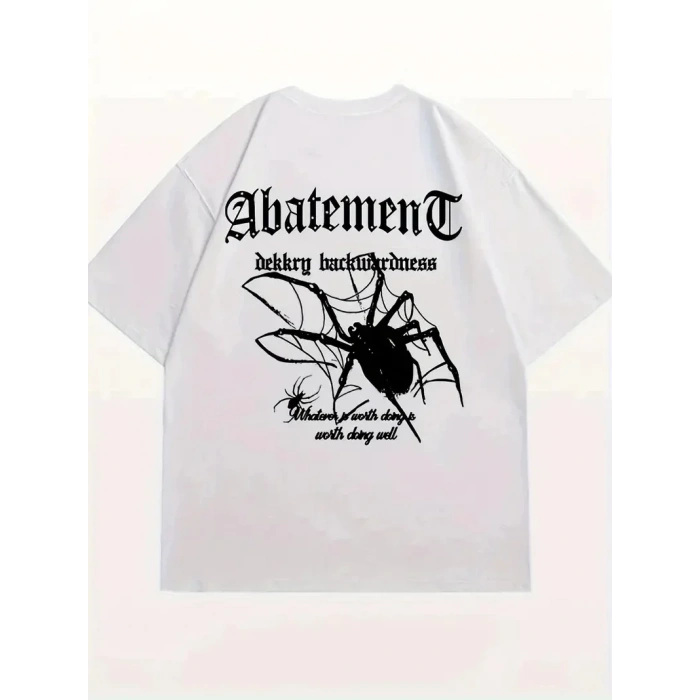 Örümcek Ağı Desenli Baskılı Oversize Bisiklet Yaka T-shirt  - Beyaz