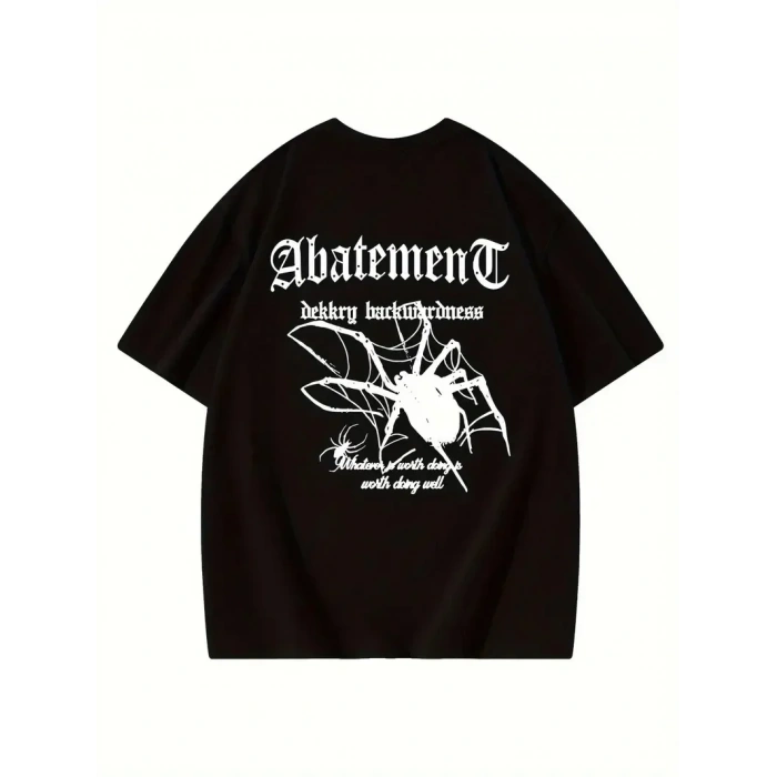 Örümcek Ağı Desenli Baskılı Oversize Bisiklet Yaka T-shirt - Siyah