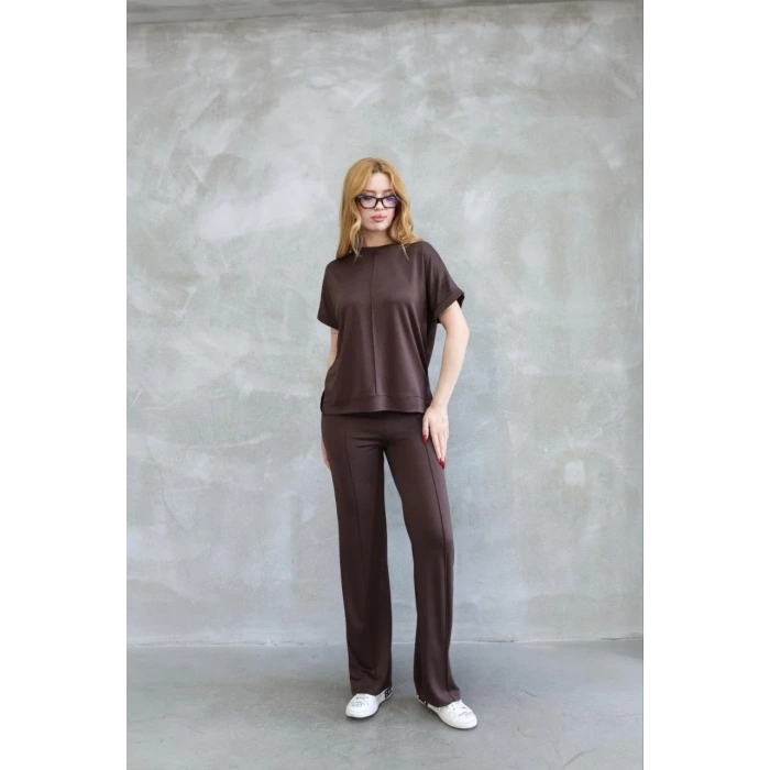 Osy Modal Yumuşak dokulu Kumaş Bisiklet Yaka Kısa Kollu Takım - Kahverengi