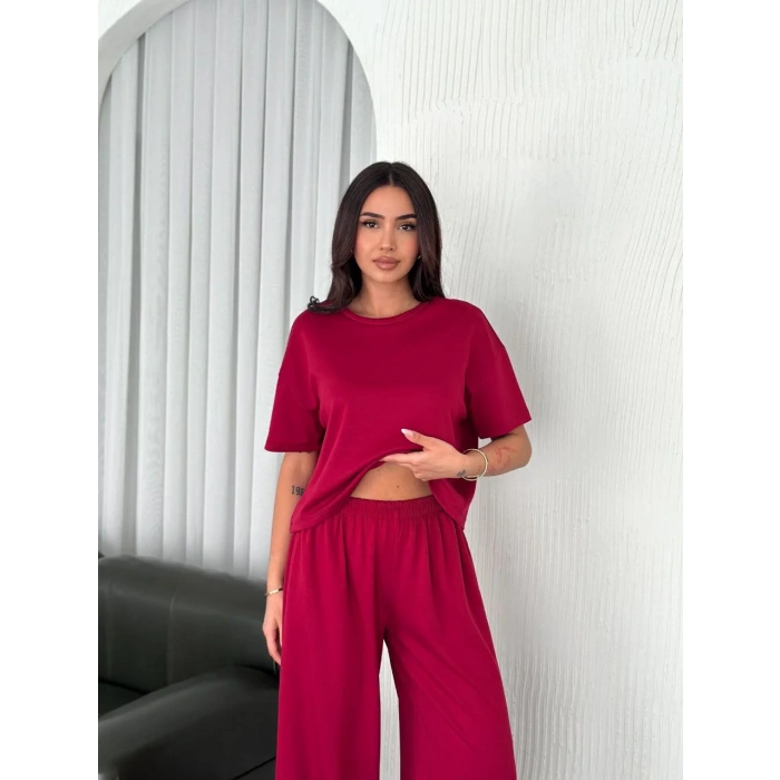 Osy Modal Yumuşak Dokulu Kumaş Bisiklet Yaka T-shirt Bol paça Pantalon ikili Takım -Bordo