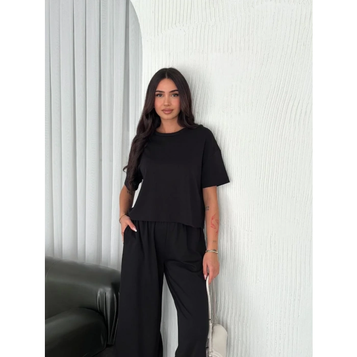 Osy Modal Yumuşak Dokulu Kumaş Bisiklet Yaka T-shirt Bol paça Pantalon ikili Takım -Siyah