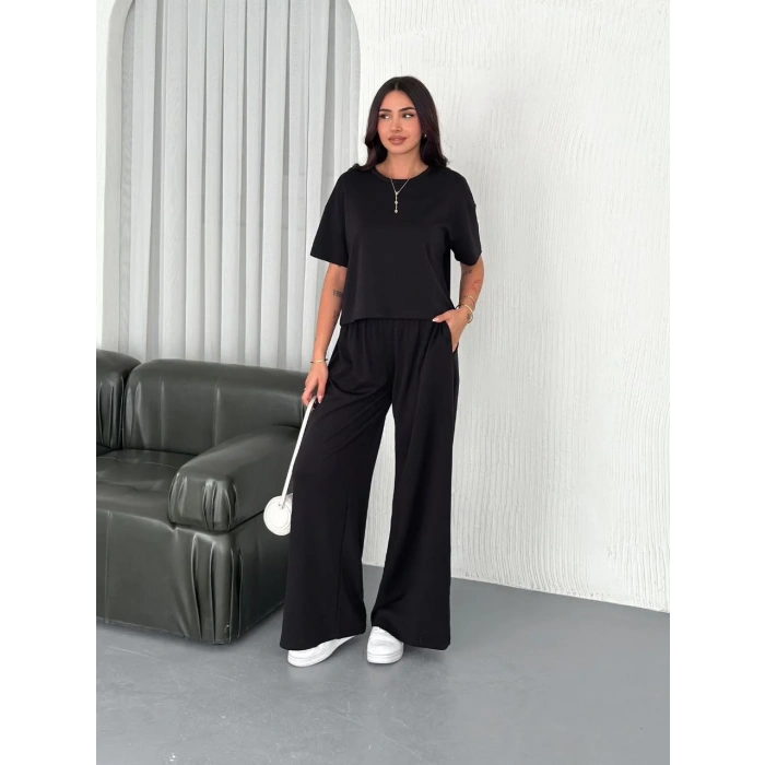 Osy Modal Yumuşak Dokulu Kumaş Bisiklet Yaka T-shirt Bol paça Pantalon ikili Takım -Siyah