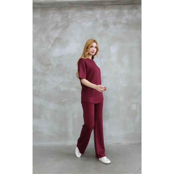 Osy Modal Yumuşak dokulu Kumaş Bisiklet Yaka Taş detaylı Kısa Kollu Takım - Bordo