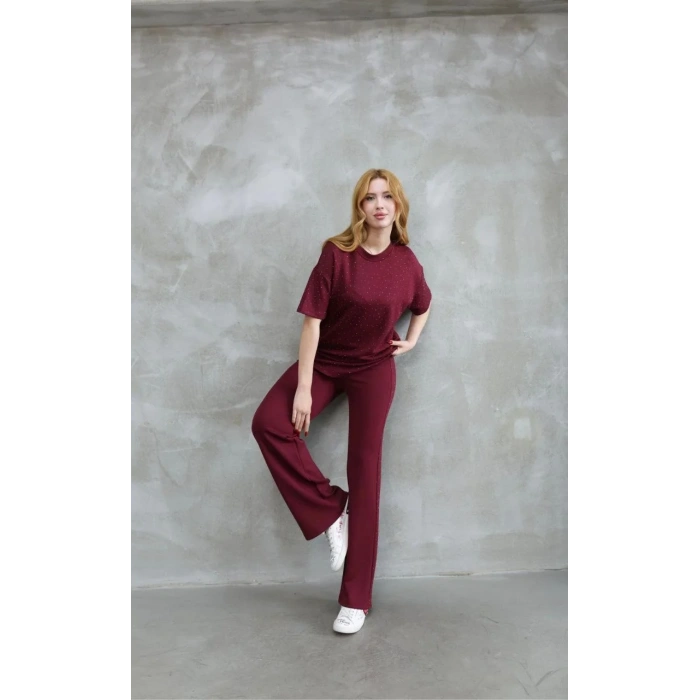 Osy Modal Yumuşak dokulu Kumaş Bisiklet Yaka Taş detaylı Kısa Kollu Takım - Bordo