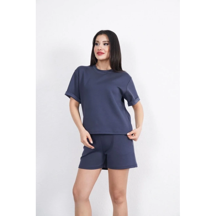 Osy Modal yumuşak dokulu Kumaş Kadın Bisiklet Yaka T-shirt Kısa Şort İkili Takım - Antrasit