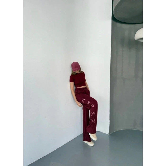 Osy Modal Yumuşak Dokulu Kumaş Nakış işlemeli Rahat Bol Paça Eşofman Pantalon - Bordo