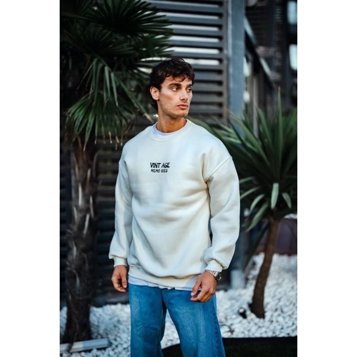 Oversize Bisiklet Yaka Üç İplik Baskılı SweatShirt - Beyaz