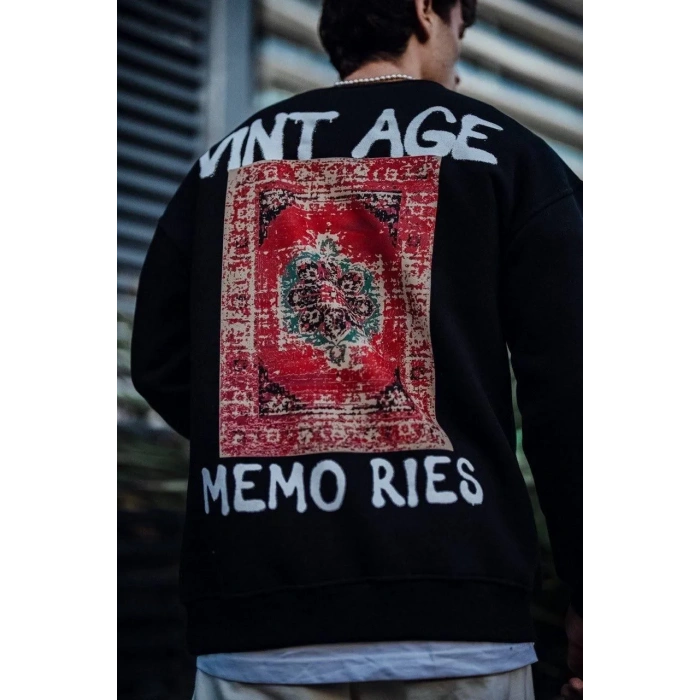 Oversize Bisiklet Yaka Üç İplik Baskılı SweatShirt - Siyah