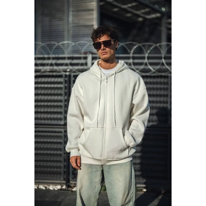 Oversize Tam Fermuarlı Uzun Kol Hırka - Beyaz