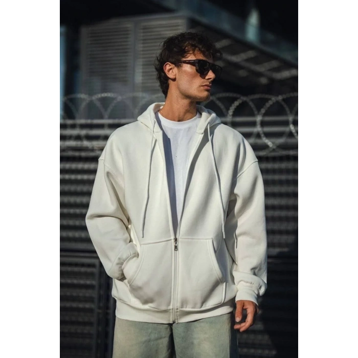 Oversize Tam Fermuarlı Uzun Kol Hırka - Beyaz