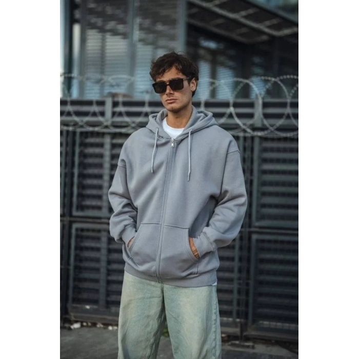 Oversize Tam Fermuarlı Uzun Kol Hırka - Gri