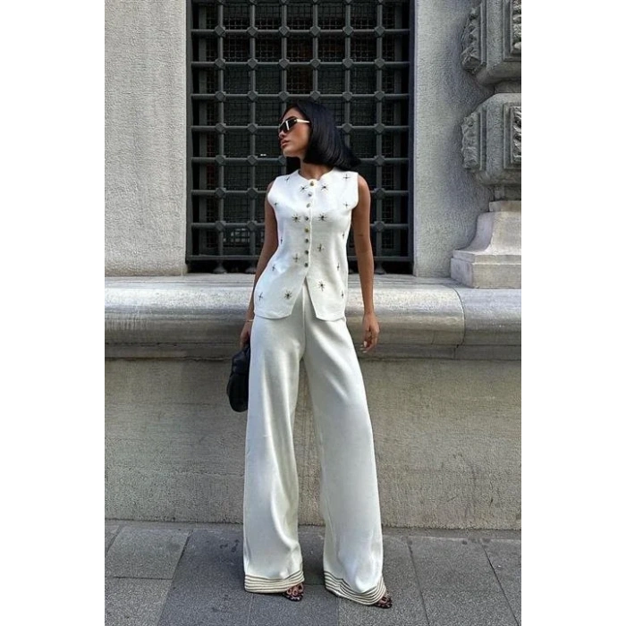 Paulo Gold Düğmeli Yelek Pantolon Takım 9976