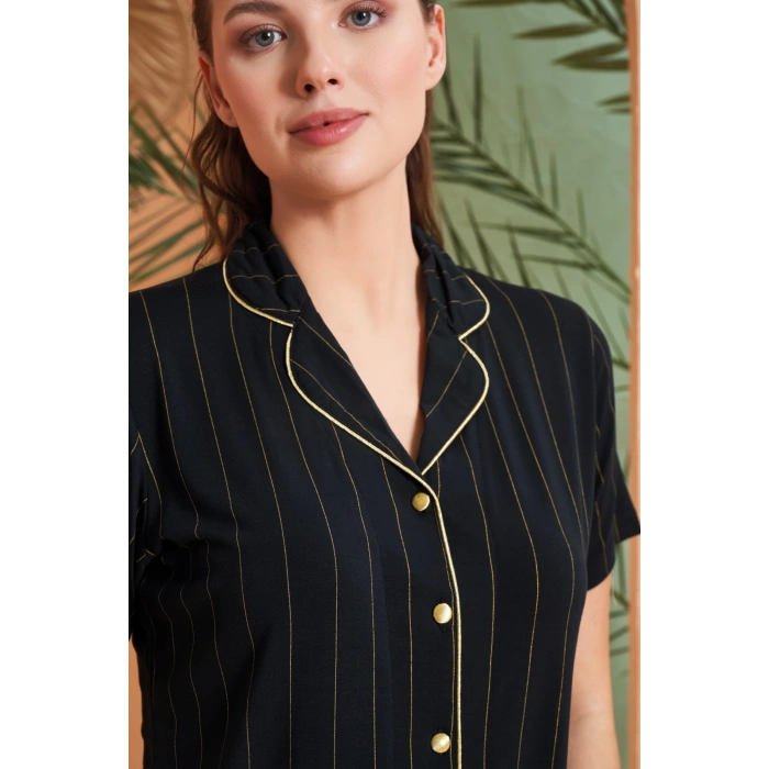 Pjs 27042 Kadın Kısa Kol Çizgili Önü Düğmeli Pijama Takımı