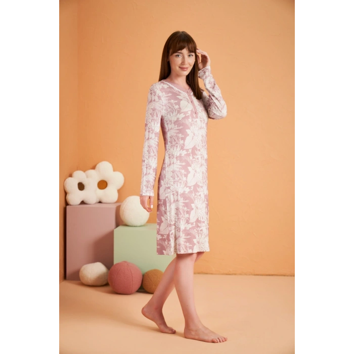 PJS 28019 Kadın Uzun Kol Desenli Gecelik