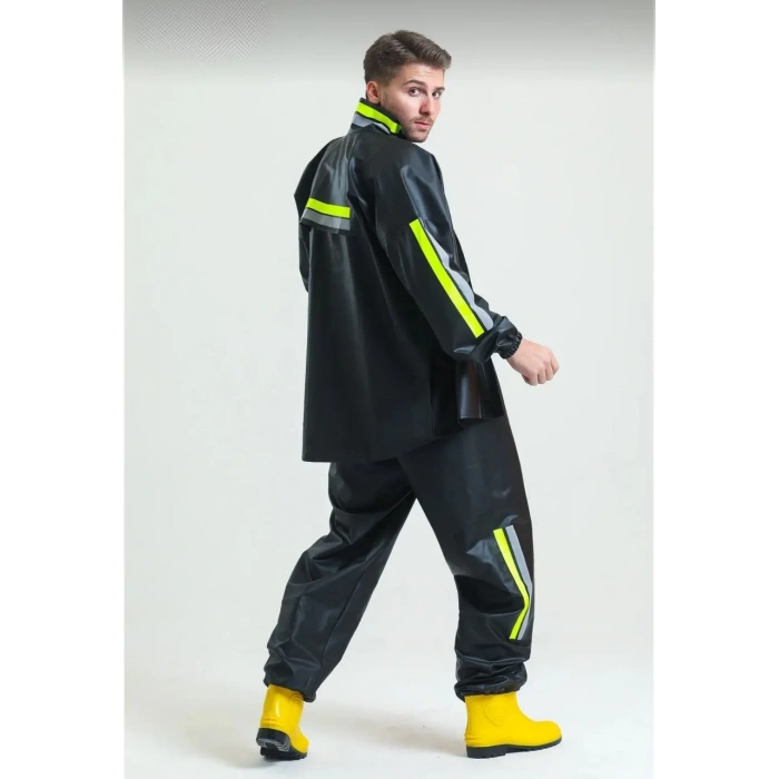Premium Motorcu Kurye Yağmurluk Takım Su Geçirmez PVC Kumaş Reflektörlü TÜBİTAK Onaylı - Siyah