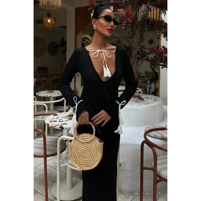 Püskül Bağcık Detaylı V Yaka Ajurlu Elbise 2850