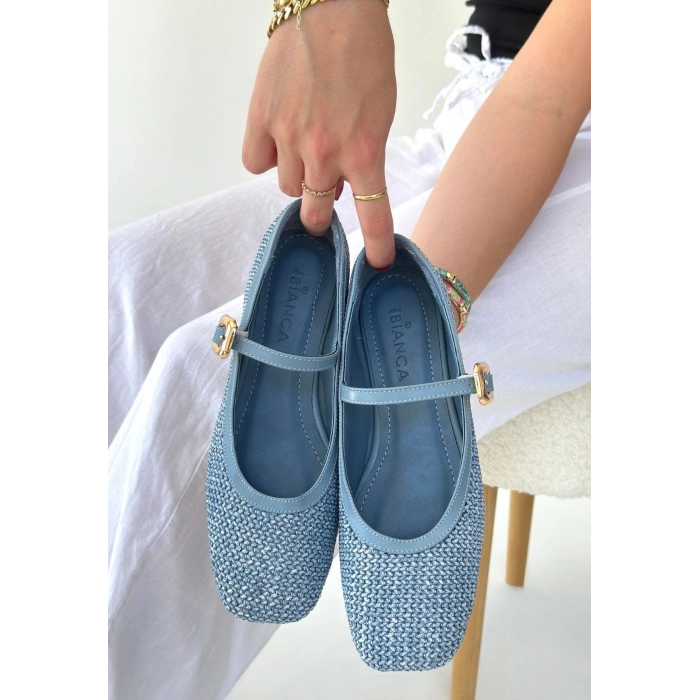Rives Mavi Cilt Hasır Dokumalı Babet Ayakkabı
