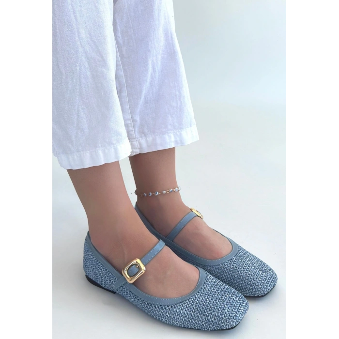 Rives Mavi Cilt Hasır Dokumalı Babet Ayakkabı