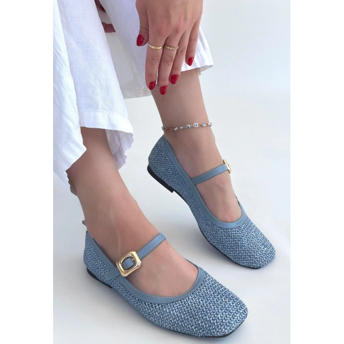Rives Mavi Cilt Hasır Dokumalı Babet Ayakkabı