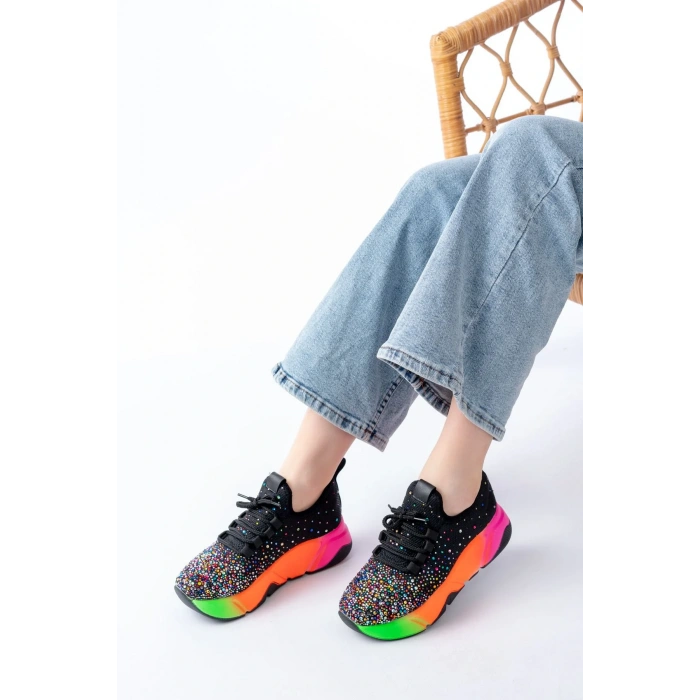 RS-403  Siyah Bağcıklı Fileli Multi Taşlı Renkli Taban Günlük Kadın Spor