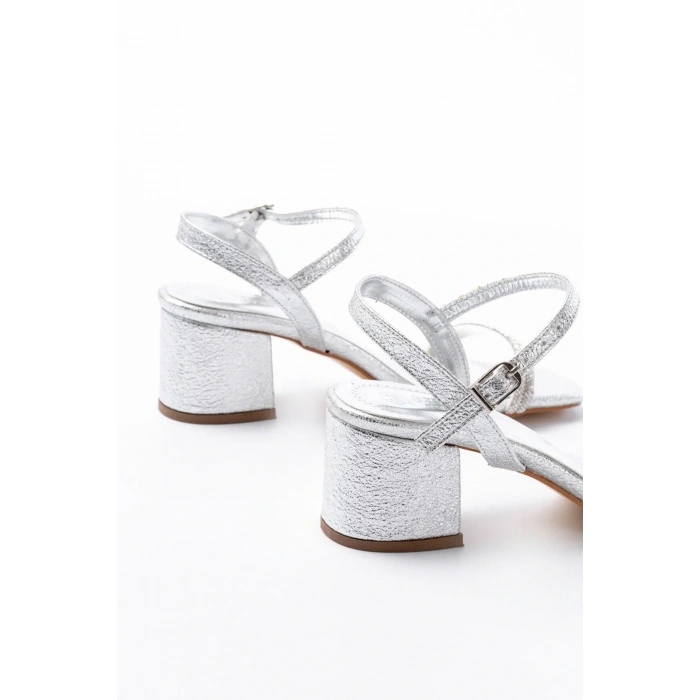 S-890 Gümüş Çift Bantlı Taşlı Kalın Topuklu Kadın Ayakkabı