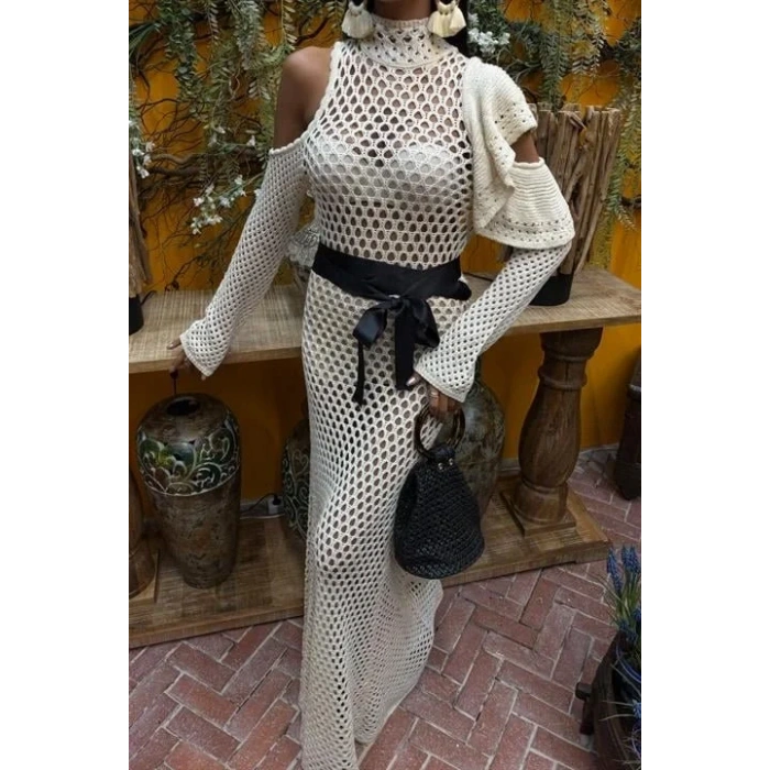 Saten Kuşaklı Ajurlu Triko Elbise 2847