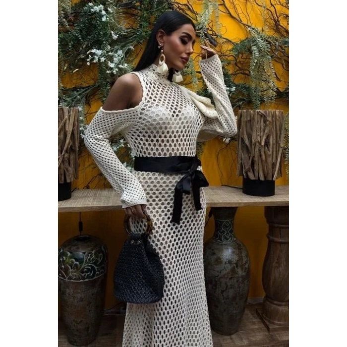 Saten Kuşaklı Ajurlu Triko Elbise 2847