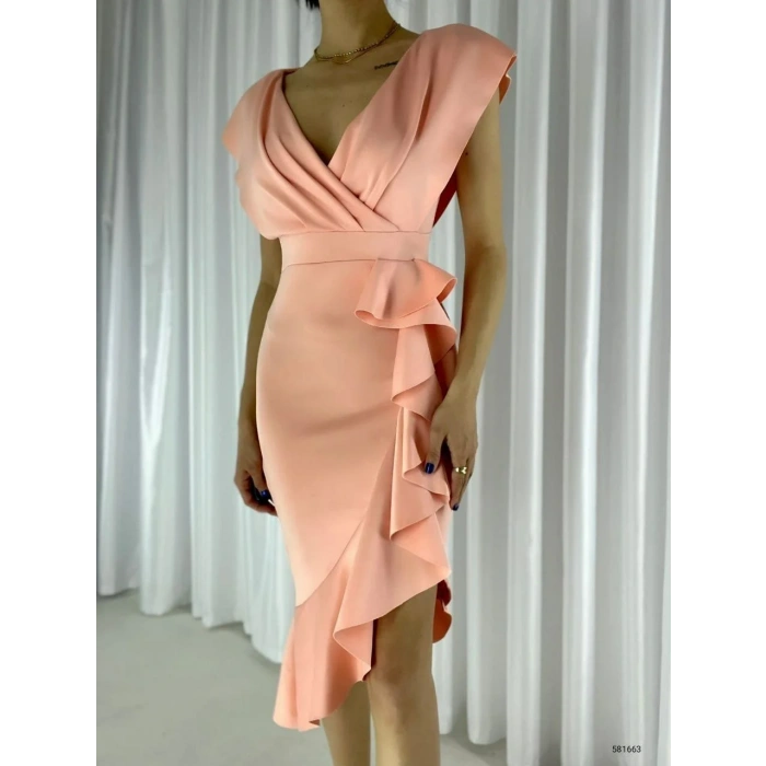 Scuba Kumaş Önü Fırfırlı Midi Boy Elbise