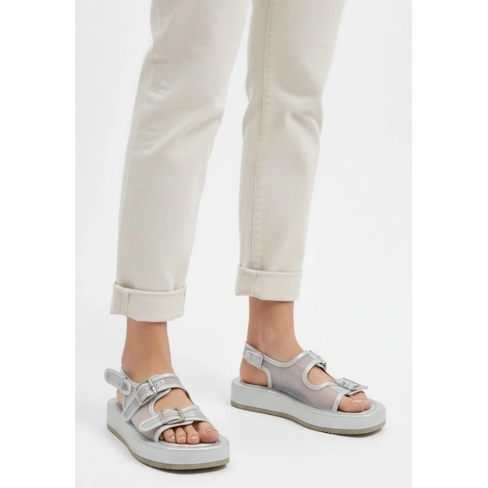 Sinna Gümüş Cilt Tül Detaylı Sandalet