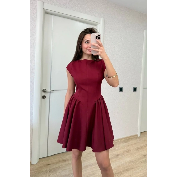 Sırt dekolteli Çan Detaylı Mini Elbise - Bordo