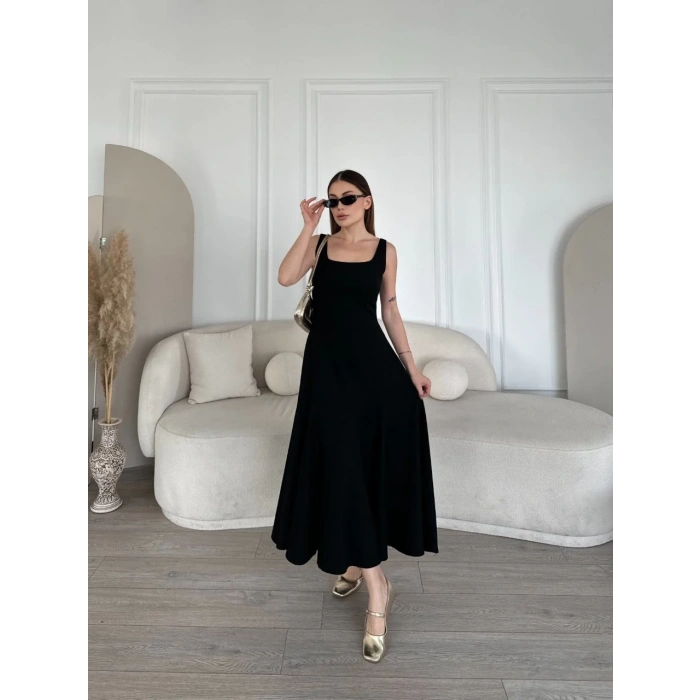 Sırt Dekolteli Kolsuz Uzun Elbise - Siyah