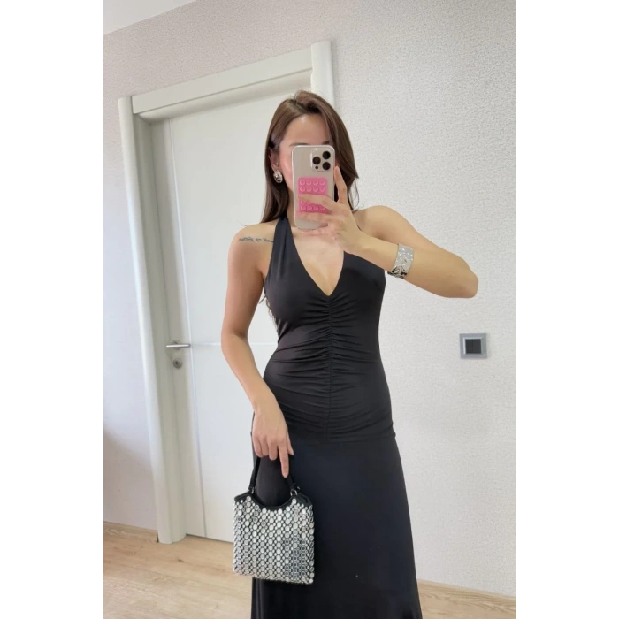 Sırt dekolteli Uzun Elbise - Siyah