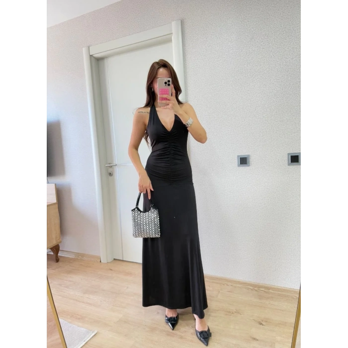 Sırt dekolteli Uzun Elbise - Siyah