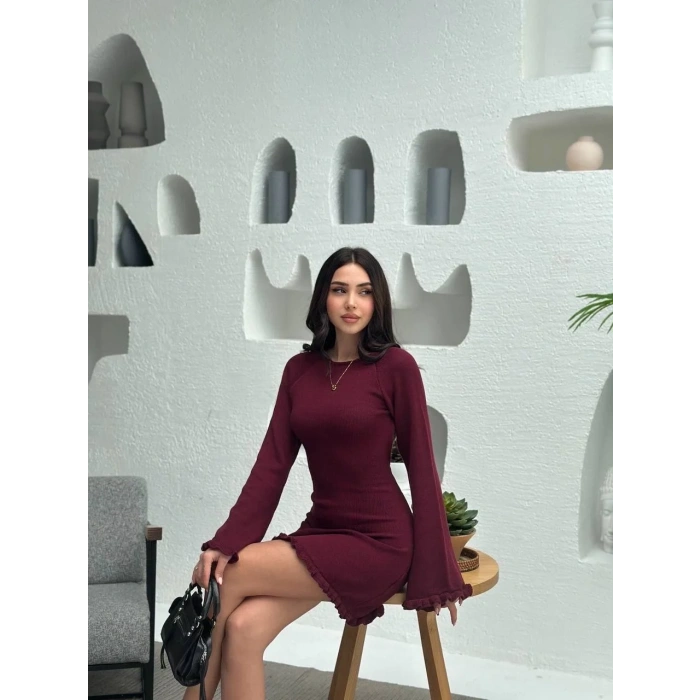 Sırt Pencereli Mini Triko Elbise - Bordo