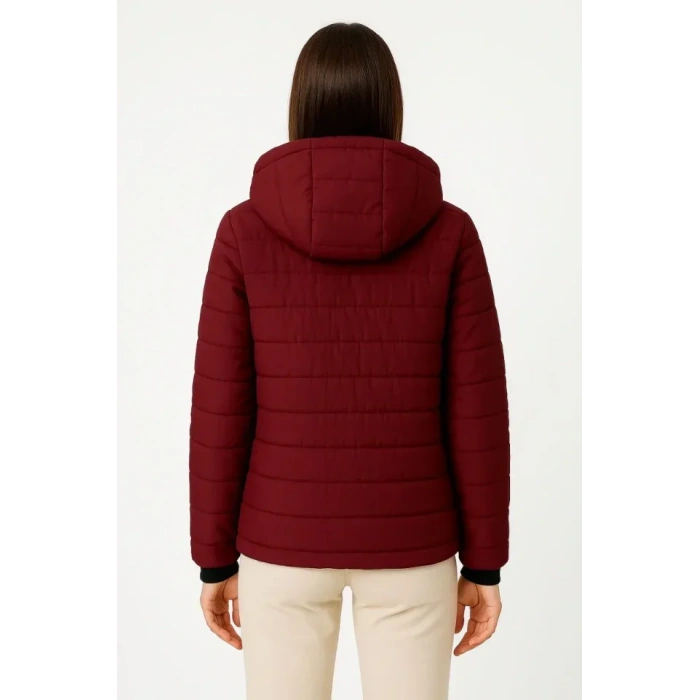 Şişme Kapüşonlu Fermuarlı Mont Su Itici Kapitone Astarlı Kumaş Cepli Kışlık Rahat Kalıp - Bordo