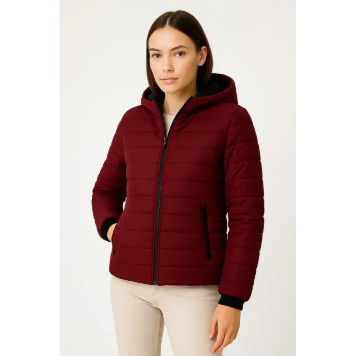 Şişme Kapüşonlu Fermuarlı Mont Su Itici Kapitone Astarlı Kumaş Cepli Kışlık Rahat Kalıp - Bordo